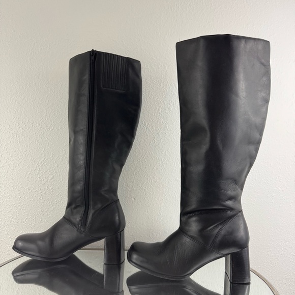 Vintage Shoes Silhouettes Vintage 9s Black Leather Grunge Square Toe Wide Calf Knee High